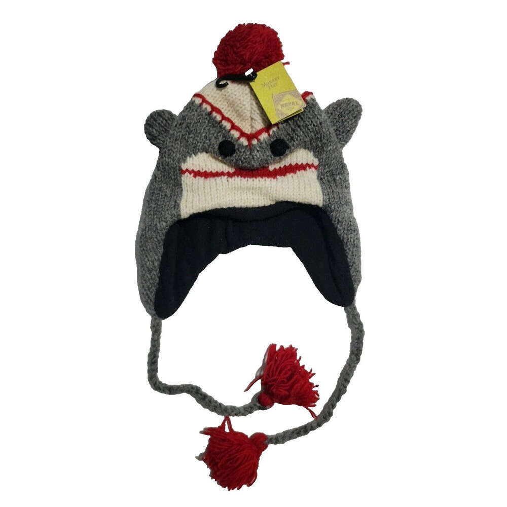 NWT World Market Kids Wool Monkey Hat Gray Red Black White Tassel Lined Earflap
